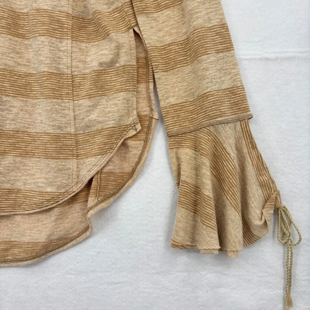 Free‎ People Blouse Size XS Tan Stripe Flare Sleeve Stretch Knit Oversized Boho